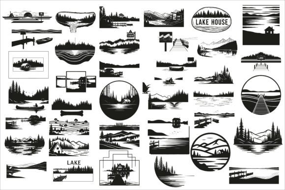 Beautiful Lake House Design Silhouette Graphics for Crafts